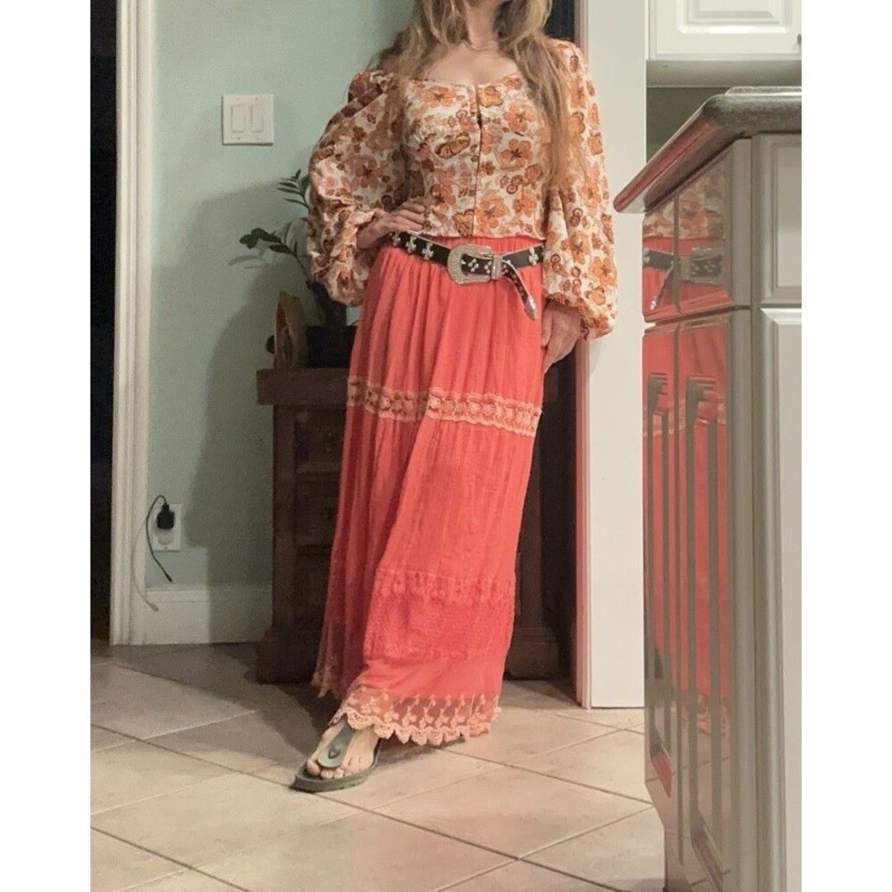 Maxi Skirt  M Lined Cotton lace gauzy salmon maxi CottageCore layered‎ maxi
